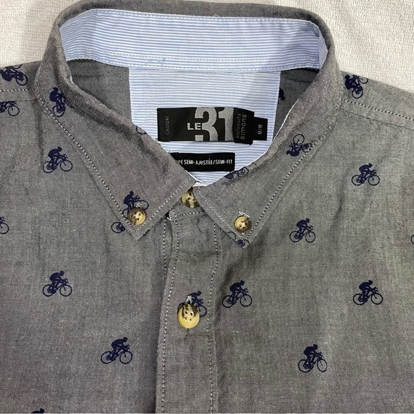 Le 31 Simons Bicycle Grey Button Down Long Sleeved Shirt Semi Fit Size Medium - Picture 2 of 6